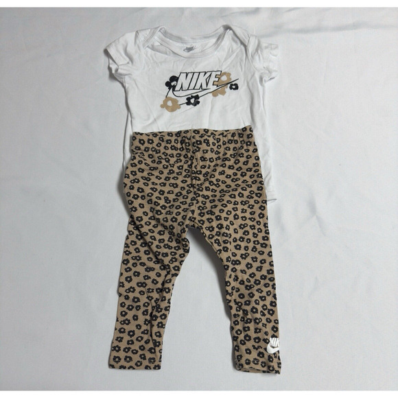 Nike Swoosh Short Sleeve Bodysuit & Leggings 2 Pc Set Hemp Girls Size 18 M - Picture 1 of 6